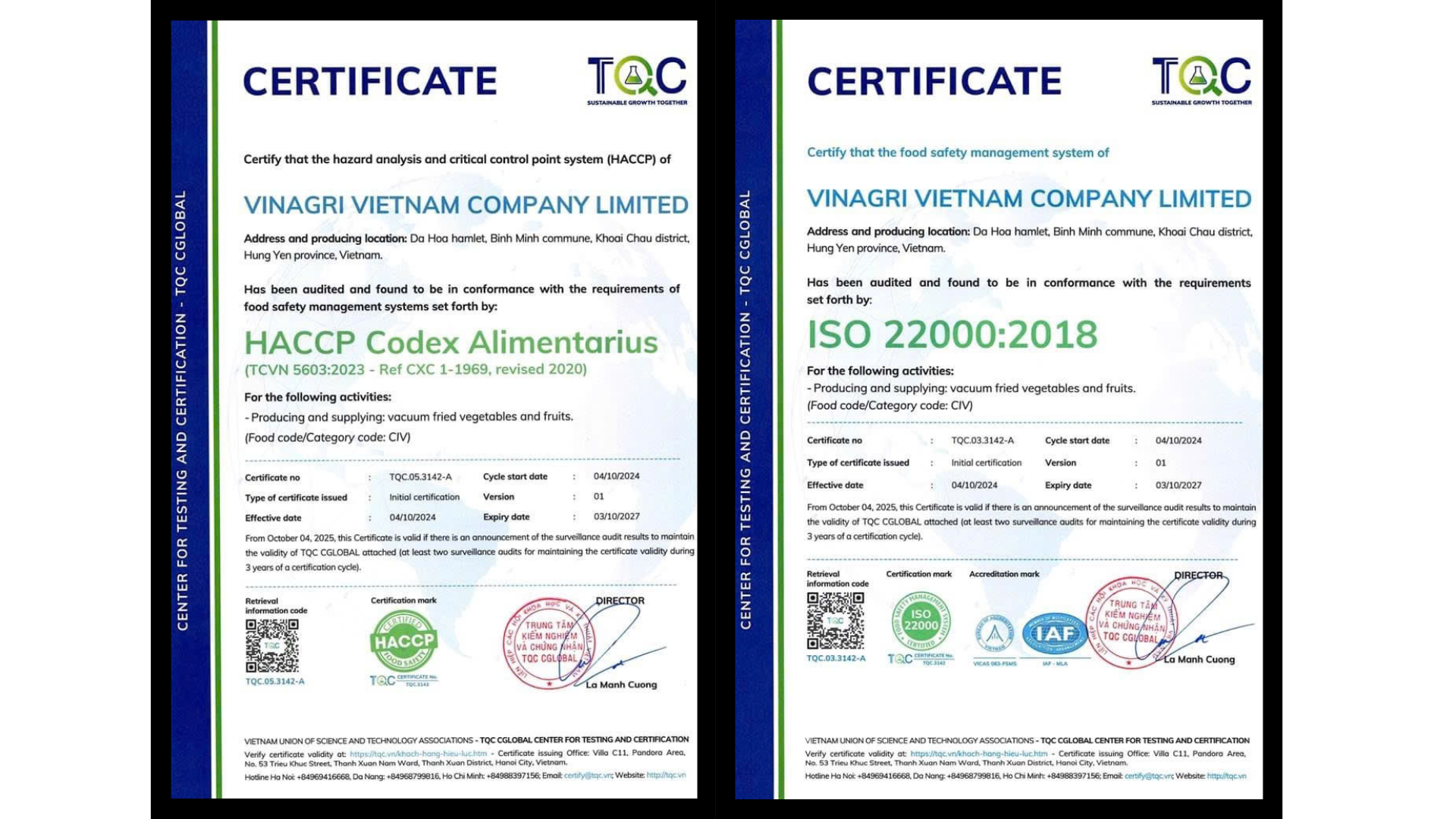 VinAgri đạt chứng nhận ISO 22000:2018 & HACCP – Khẳng định chất lượng nông sản