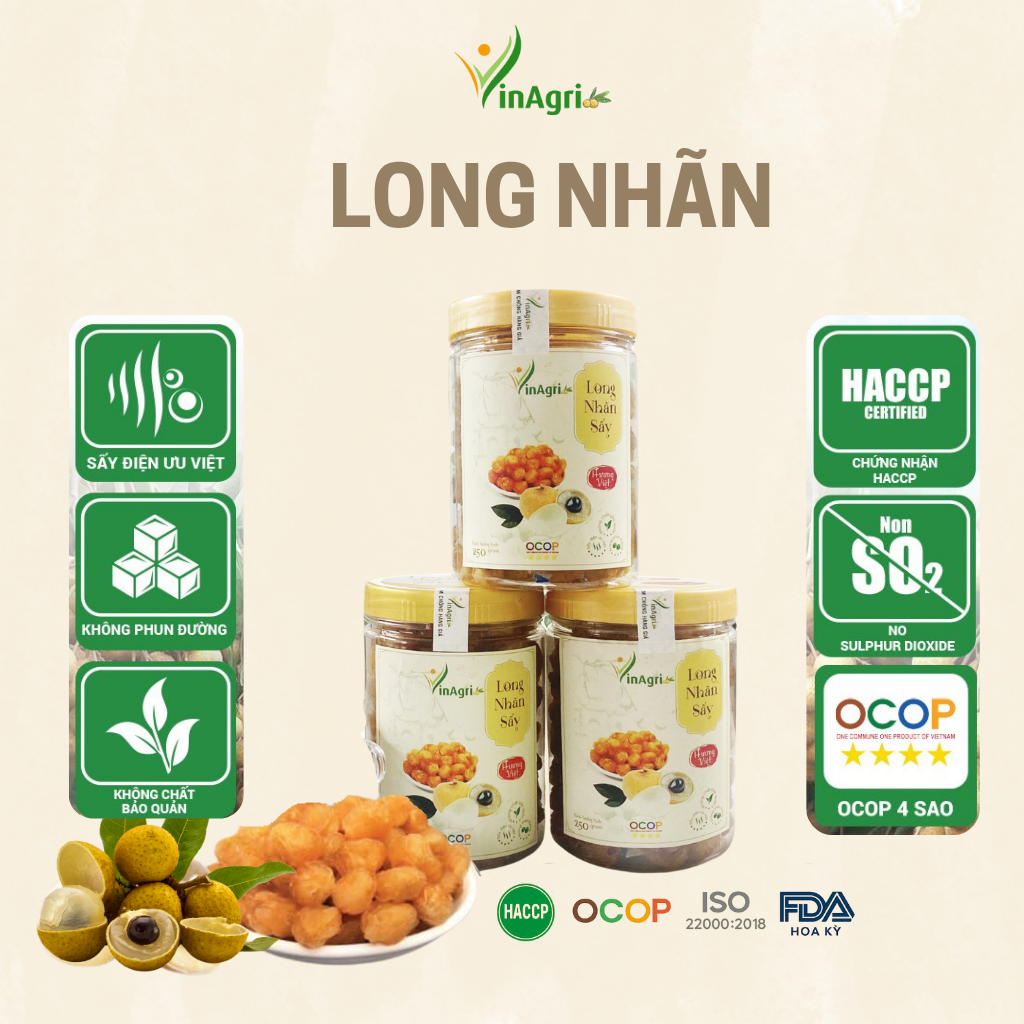 Long nhãn sấy VinAgri chuẩn OCOP 4 sao, thơm ngọt tự nhiên, không chất bảo quản, thích hợp dùng trong món long nhãn chưng yến.