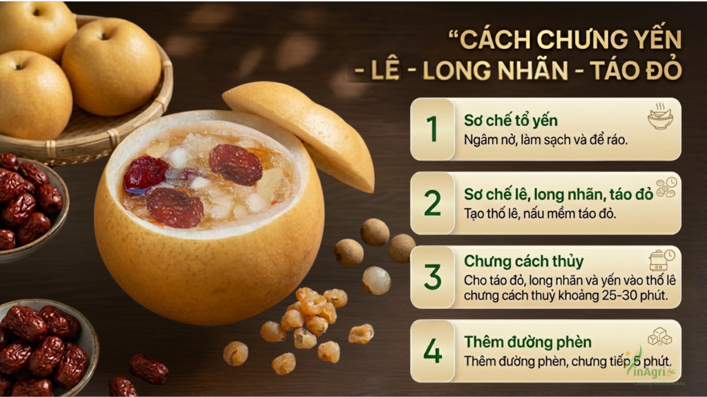 Ảnh infographic hướng dẫn cách chưng yến, lê, long nhãn táo đỏ đường phèn với 4 bước đơn giản, dễ thực hiện tại nhà.